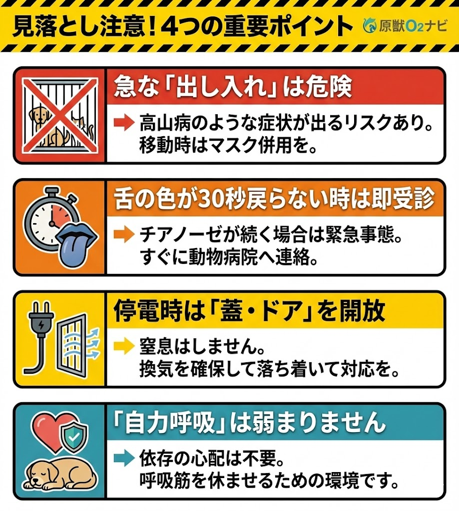 ペット用酸素室利用時の4つの重要注意点まとめ図解。急な出し入れの危険性、チアノーゼの緊急基準、停電時の対応、自力呼吸への影響に関する正しい知識を注意喚起。