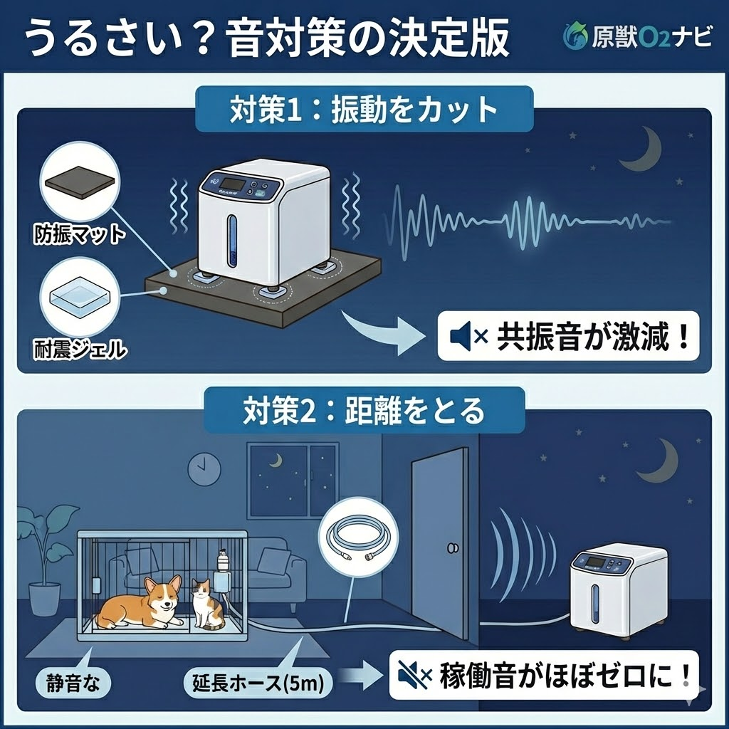 オキシランドZ-3000の騒音対策。防振マットの使用と、延長ホースで別室に設置する方法を図解。