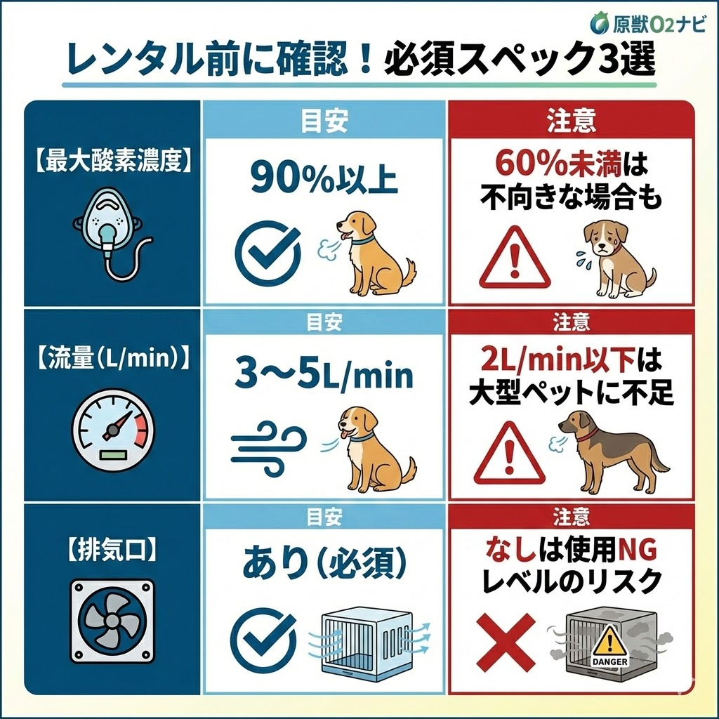 ペット酸素室レンタルで確認すべき3つのスペック。最大酸素濃度90%以上、流量3〜5L/min、排気口の有無が重要。