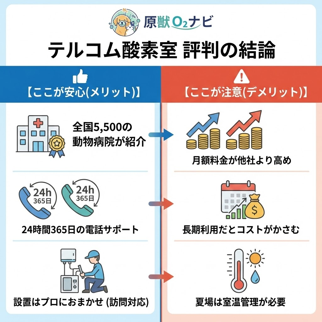 テルコム酸素室のメリットとデメリットまとめ。動物病院の紹介やサポート体制は高評価だが、月額料金の高さや温度管理に注意が必要