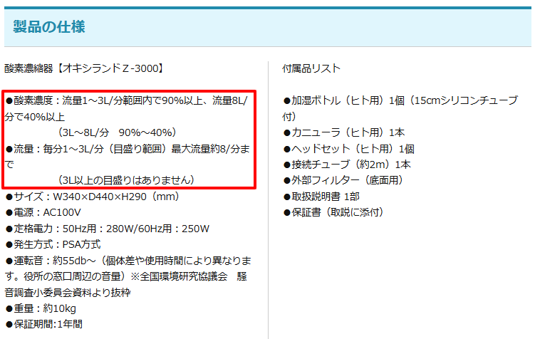 オキシランドZ-3000の公式仕様表（酸素濃度と消費電力）