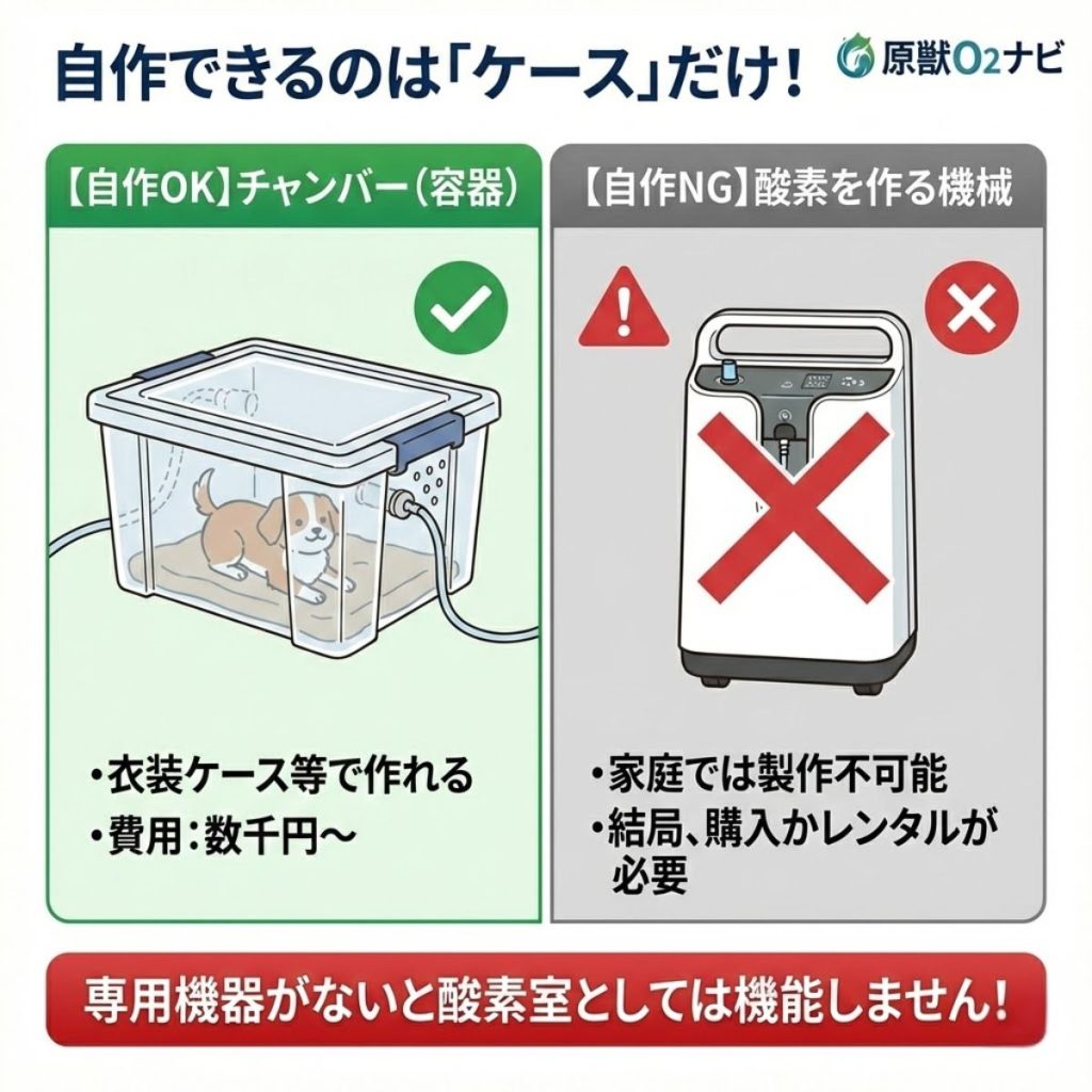 ペット酸素室の自作できる範囲の図解。チャンバー（容器）は自作可能だが、酸素を作る機械（酸素濃縮器）は自作できないことを解説。