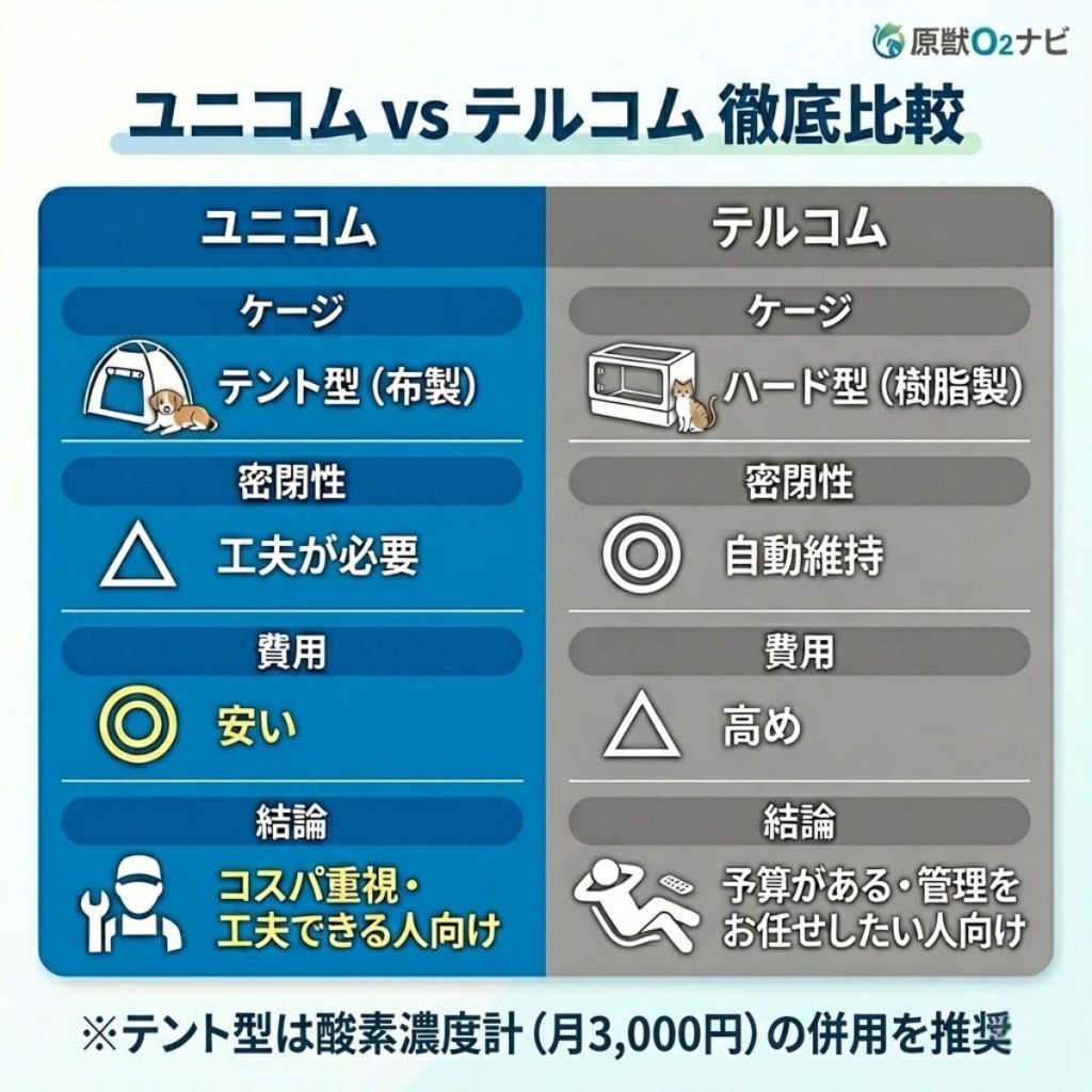 ユニコムとテルコムの酸素室比較表。ユニコムはテント型でコスパに優れ、テルコムはハード型で密閉性が高い特徴がある。