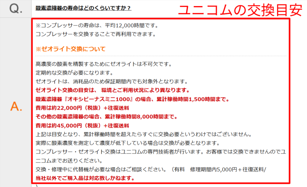 ユニコム公式サイトに記載されているゼオライト交換費用の目安と保証対象外の表記