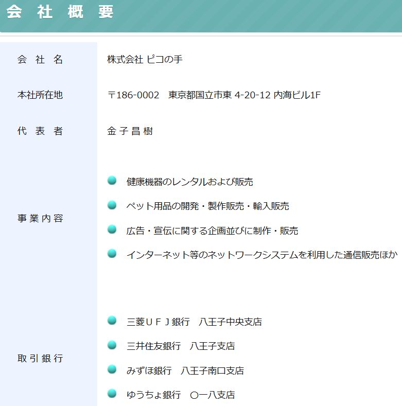 株式会社ピコの手の会社概要（東京都国立市の所在地表記）