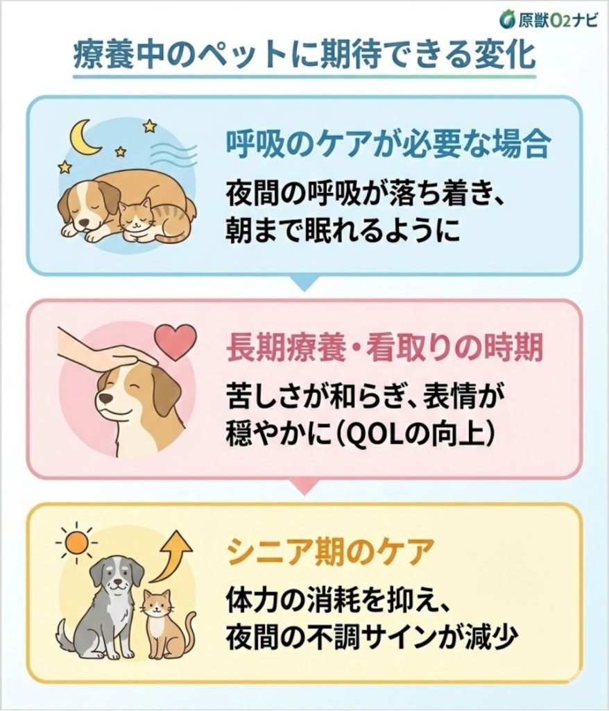 療養中のペットにおける酸素室利用の変化。呼吸の安定、長期療養時のQOL向上、シニア期のケアによる負担軽減を図解。