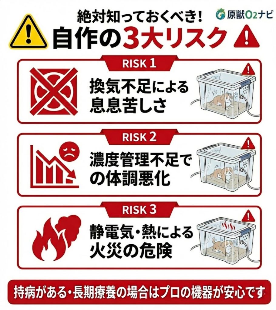 自作ペット酸素室の3つの致命的リスク。換気不足、濃度管理不足による体調悪化、静電気や熱による火災の危険性を図解。