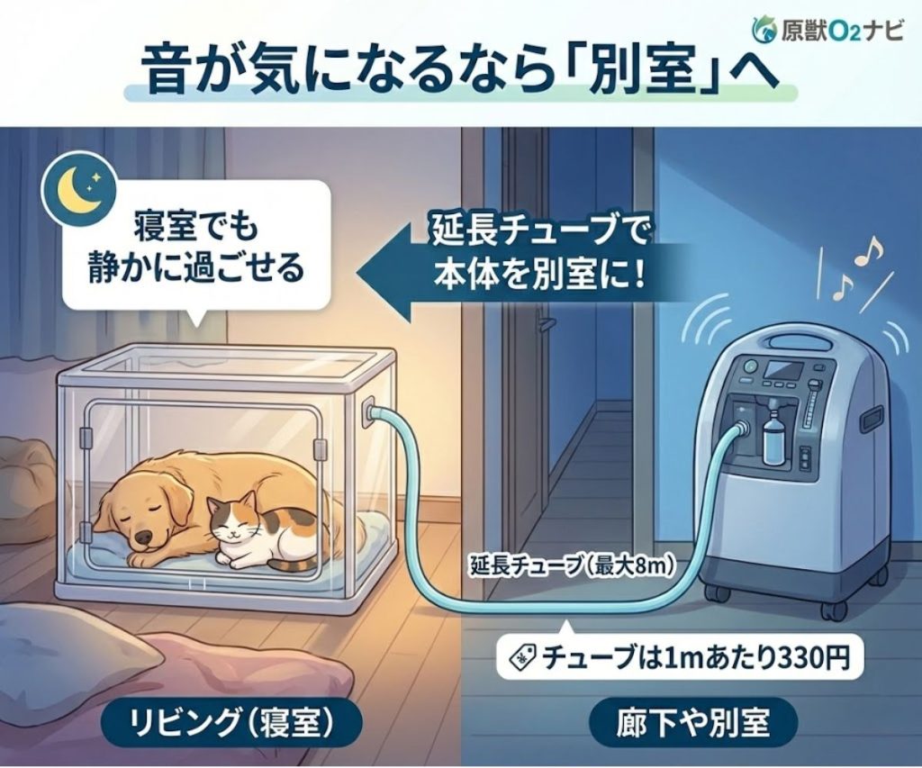 酸素濃縮器の動作音対策。延長チューブを使って本体を別室に置くことで、ペットの周りを静かな環境に保てる。