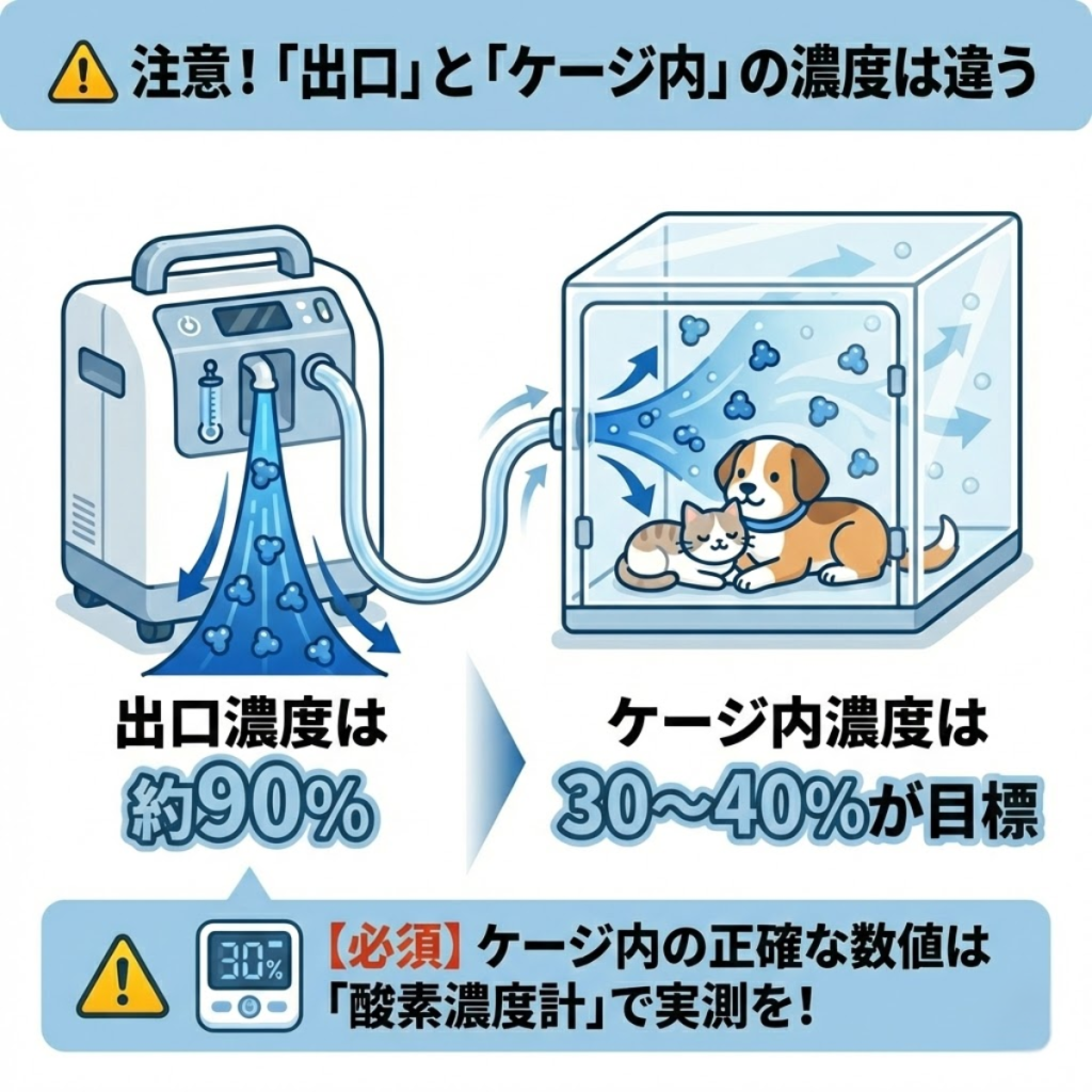 酸素発生器の出口濃度とケージ内濃度の違いを図解。出口は90%でもケージ内は外気と混ざるため、酸素濃度計での実測が必須であることを警告。