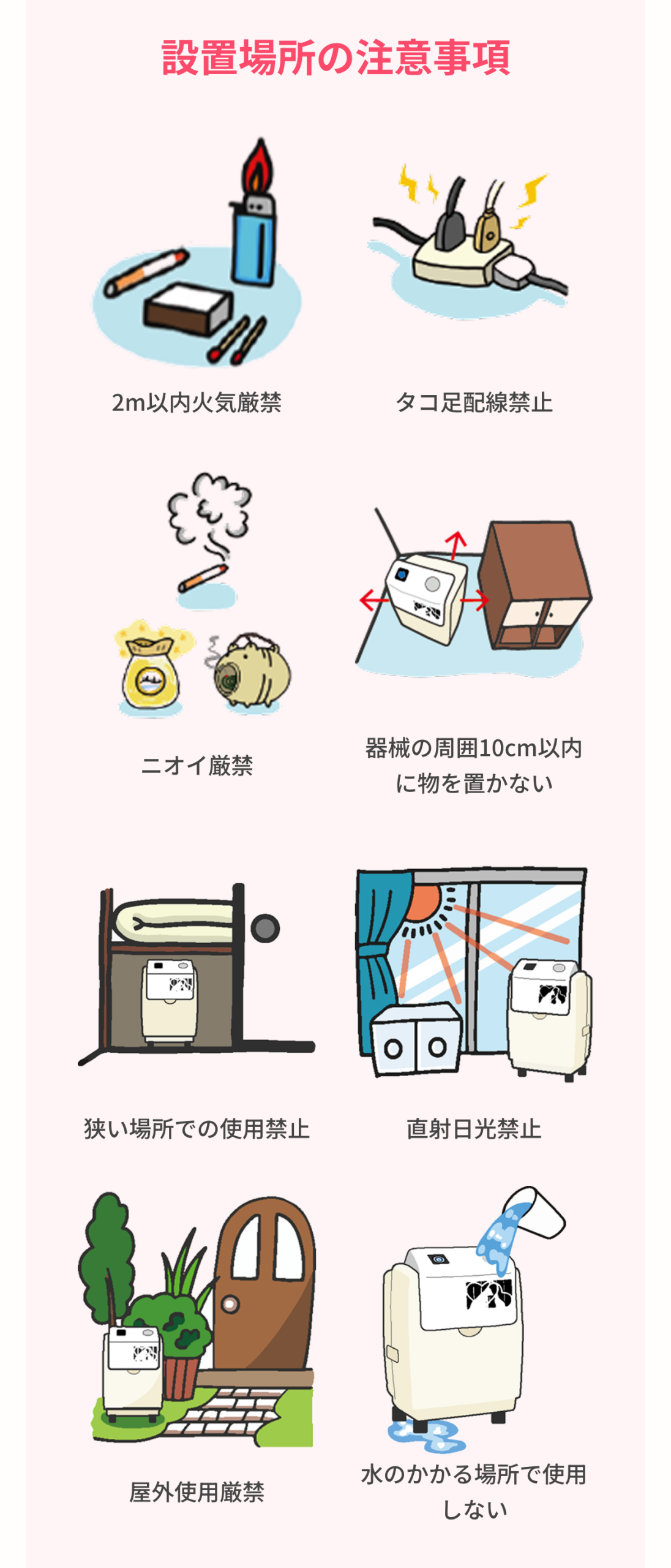 JARMeC ケアテック公式の使い方ページ。2m以内火気厳禁・タコ足配線禁止など設置場所の注意事項8項目