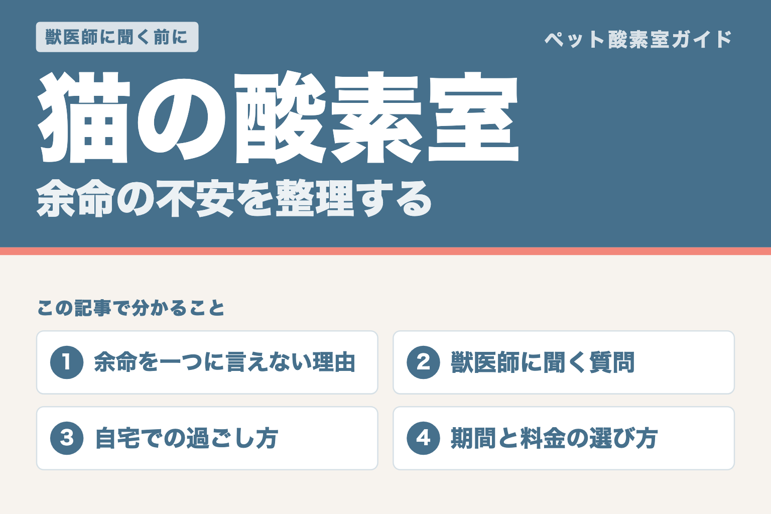猫の酸素室と余命の不安。余命を一つに言えない理由、獣医師に聞く質問、自宅での過ごし方、期間と料金の選び方を整理した記事