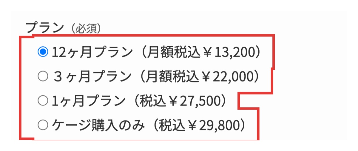 O2 petの公式料金ページに表示された、1ヶ月・3ヶ月・12ヶ月のプランと専用ケージの欄